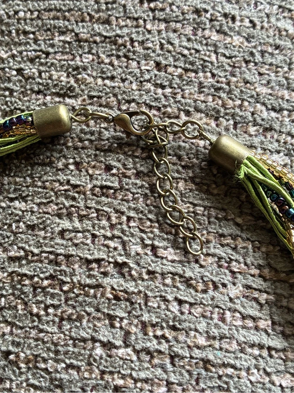 Green Multi-Strand Beaded Necklace with Antique Gold Pendant - Unbranded
